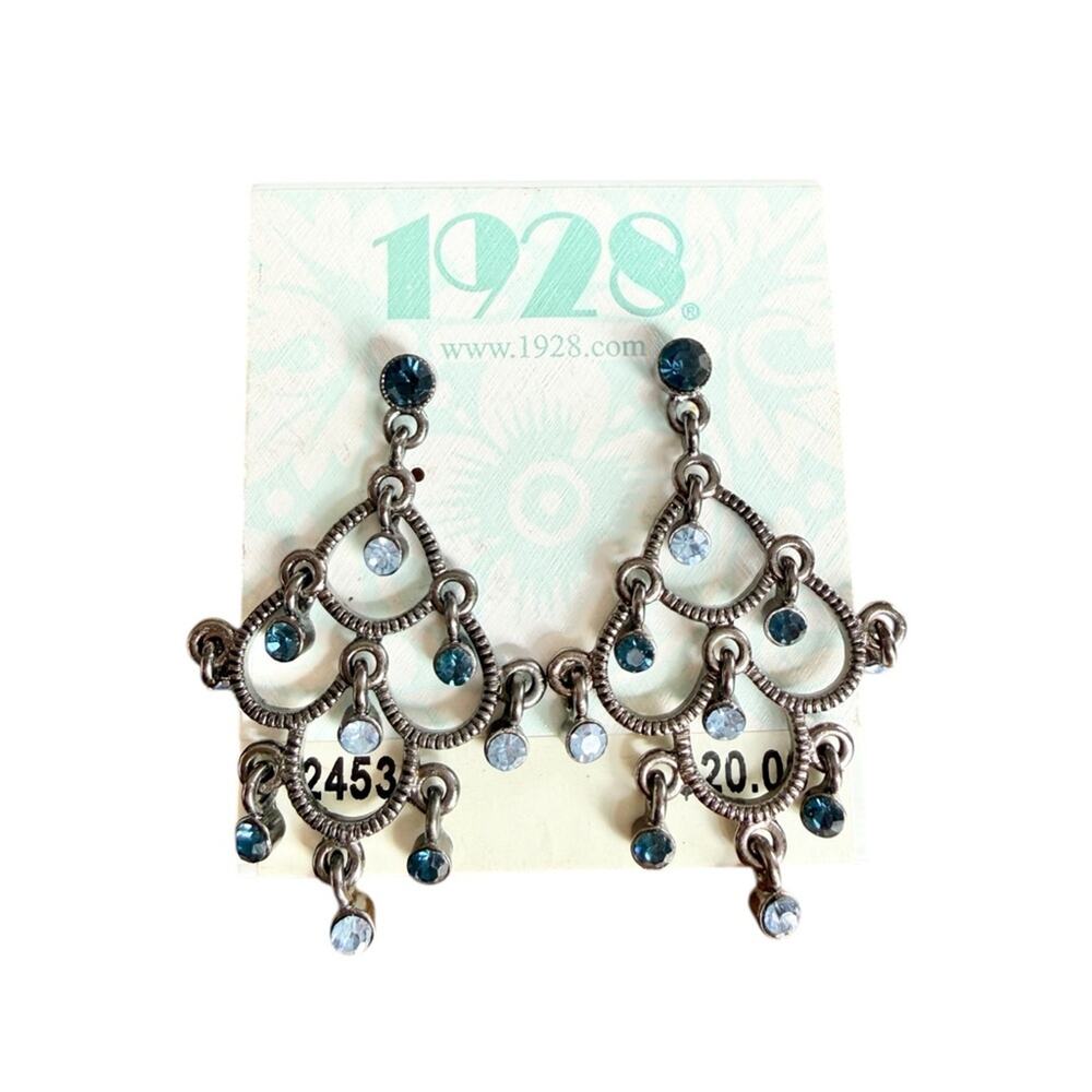 1928 Blue Rhinestone Chandelier Earrings NWT Silver Tone